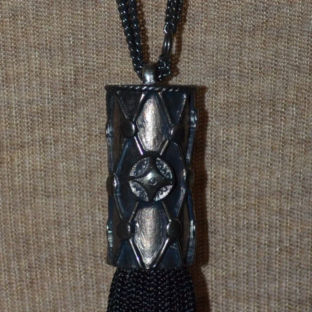 YSL Yves Saint Laurent Black Tassel Silver Chain Necklace